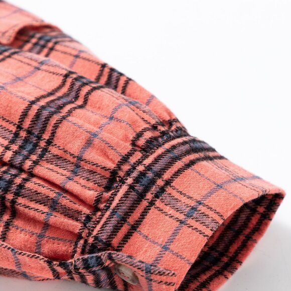 B308 Red Plaid Long Sleeve Side Split Distressed Hem Button Up Shirt - Picture 7 of 9